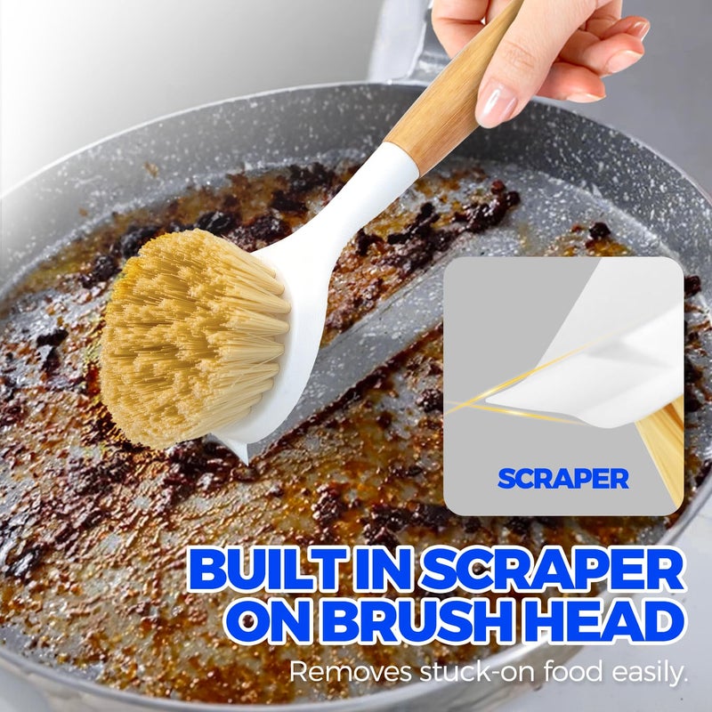 Holikme 3 Pack Dish Brush Set with Bamboo Handle, Kitchen Cleaner for Cleaning Pot, Pan, Sink and Stove, Scrubber with Medium Bristles, Yellow - Image 4
